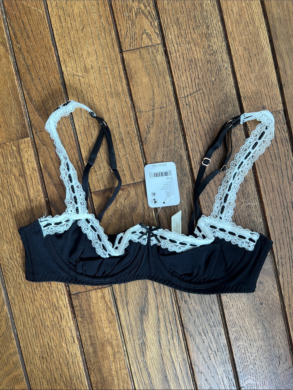 Free People Black White Trim So Sweet Balconette Bra 34B New With Tags NWT
